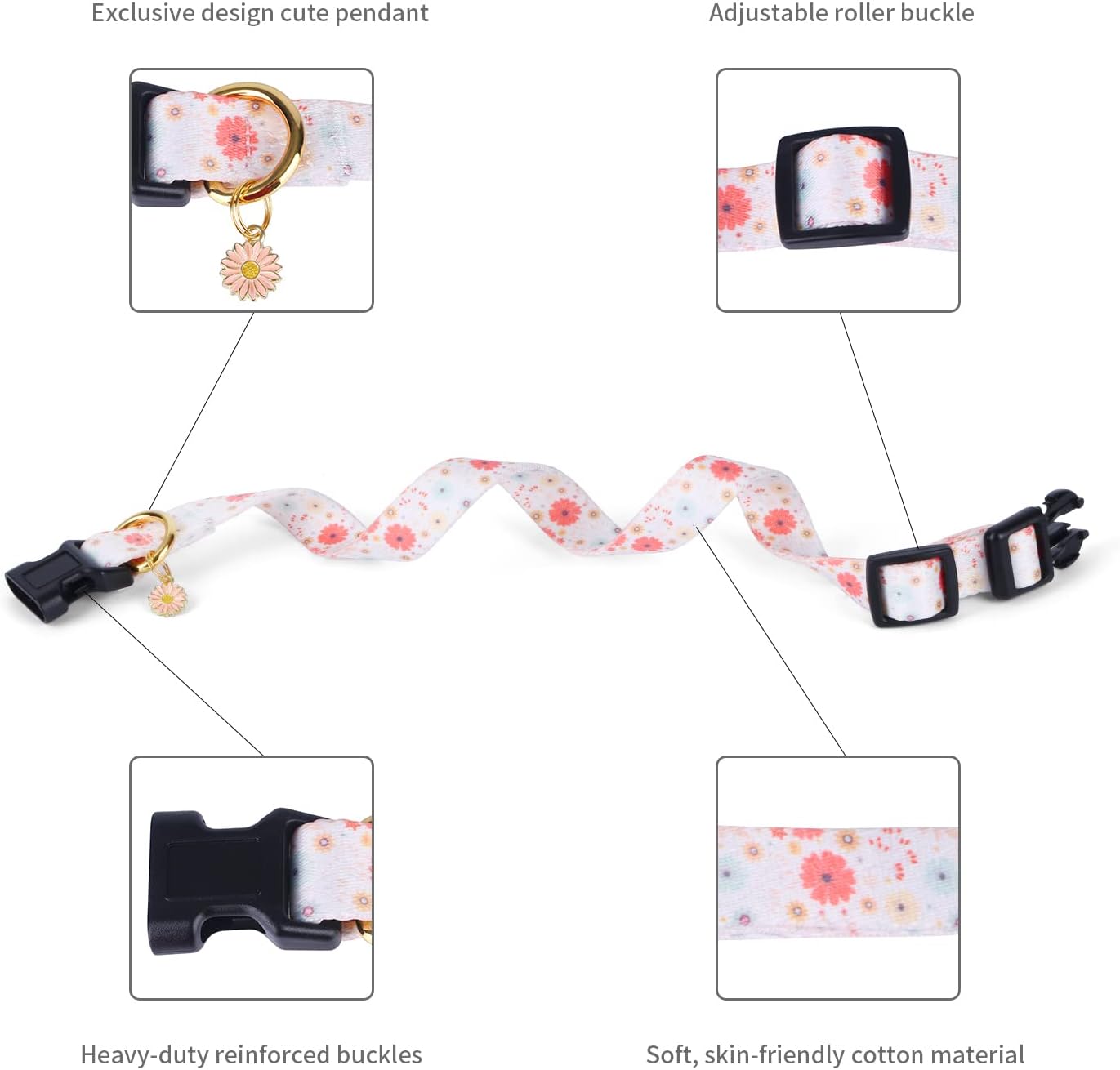 Collar de perro de algodón hecho a mano para perros pequeños, medianos y grandes, diseño de margaritas beige con dije, ideal para perros hembras,