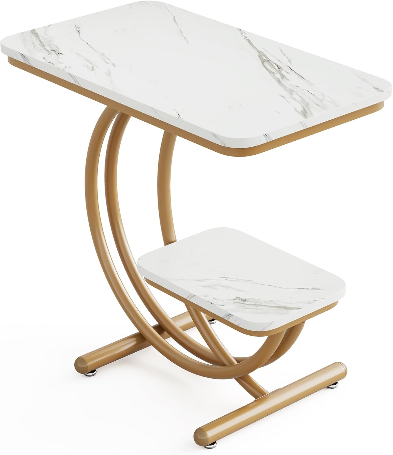 Mesa auxiliar moderna de 2 niveles con mesa de mármol sintético para sala de estar, mesita de noche en forma de C blanca y dorada para dormitorio,
