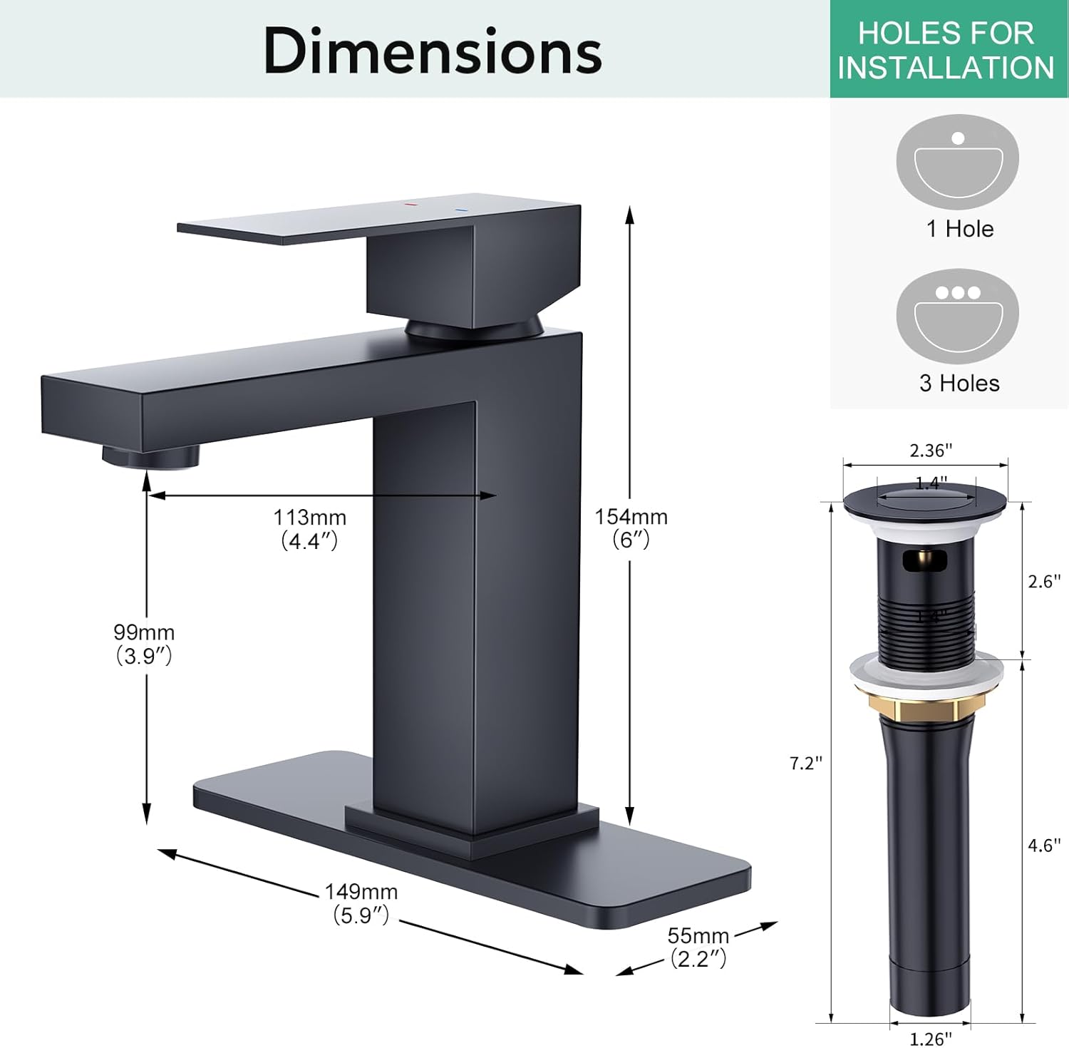 Faustina Grifo de baño negro de 1 agujero, grifo de baño de un solo orificio con ensamblaje de drenaje desplegable, grifo de tocador central, grifo