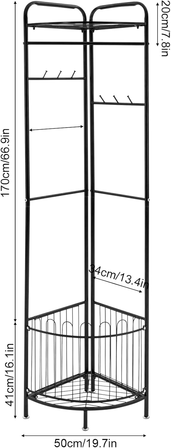 Perchero esquinero con almacenamiento y 6 ganchos de metal, soporte de esquina multifuncional para entrada o dormitorio con almohadillas redondas