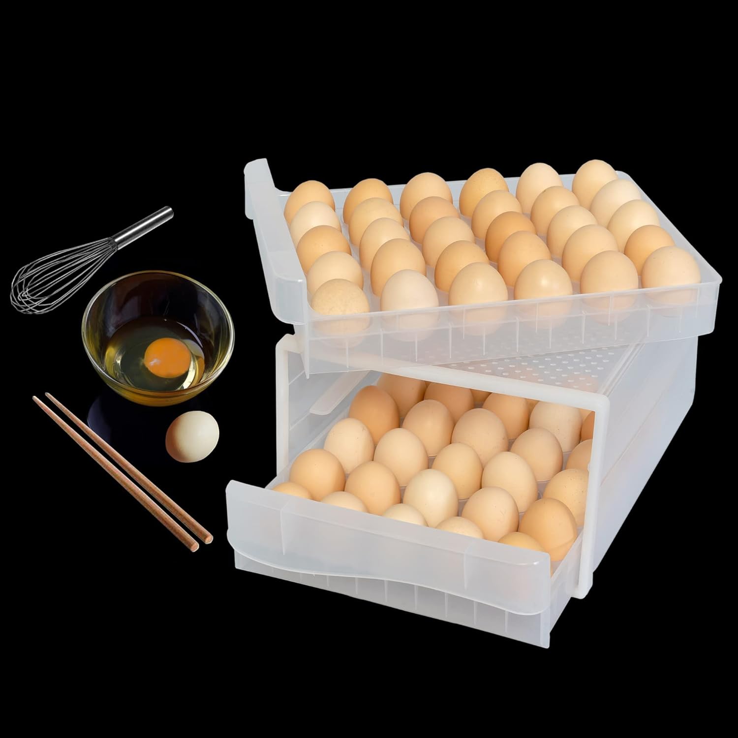 WAYTRIM Cajón de huevos de plástico para huevos, cesta de huevos, organizador de nevera con asas, contenedor de almacenamiento para refrigerador,