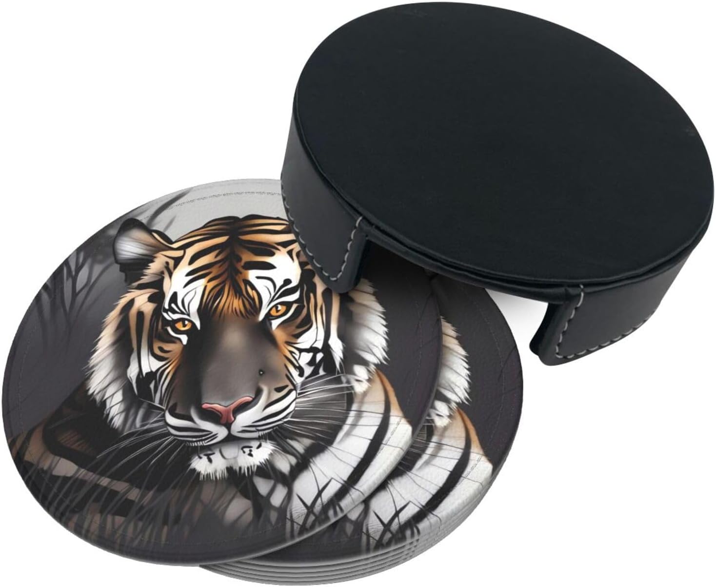 Juego de 6 posavasos de cuero con soporte, diseño de tigre en reposo, para bebidas, con aislamiento, posavasos redondos para decoración de mesa
