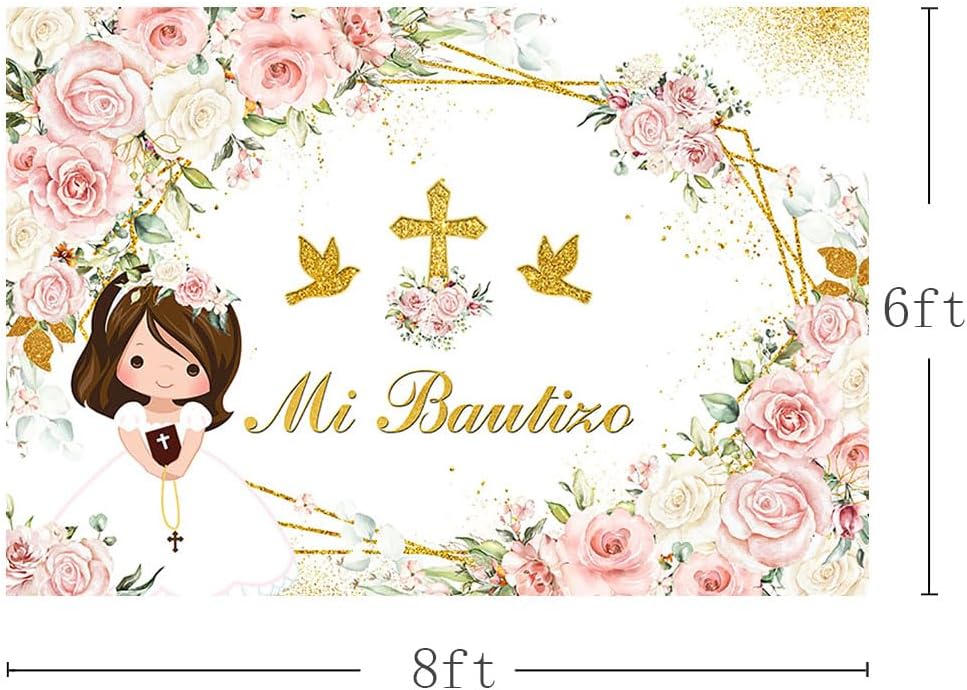 MEHOFOND Telón de fondo bohemio de 8 x 6 pies para bautizo con texto en inglés Mi Bautizo y Dios bendiga para la primera comunión, decoración de