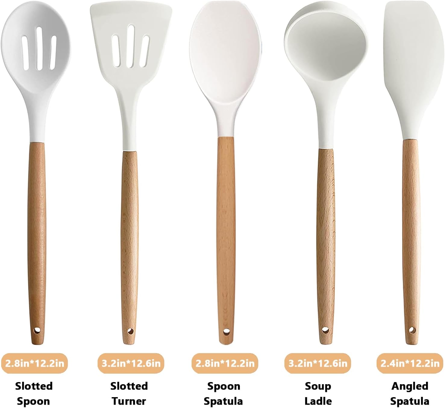 IOCBYHZ Juego de 5 utensilios de cocina de silicona, juego de utensilios de cocina con mango de madera resistente al calor, antiadherente, espátula