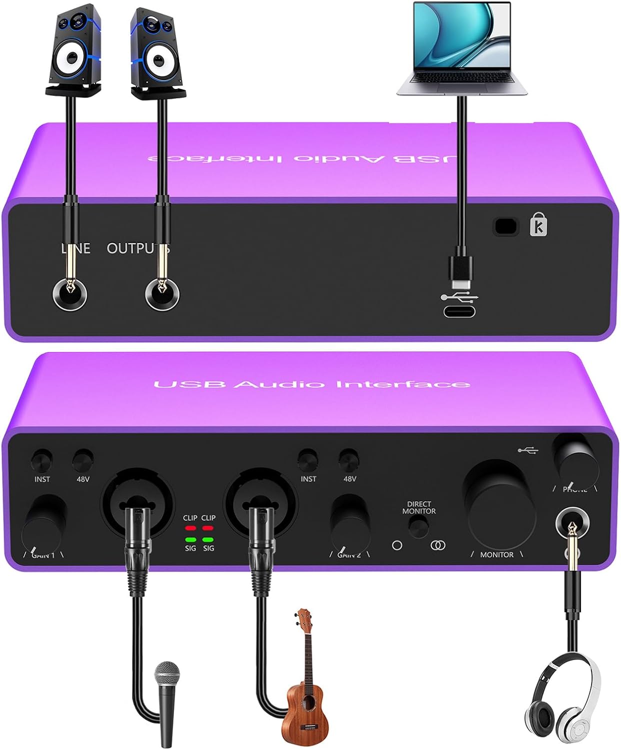 Interfaz de audio USB 2i2 con alimentación fantasma de 48 V 24 bits192 kHz Plug and Play para grabación, podcasting, transmisión, grabación,