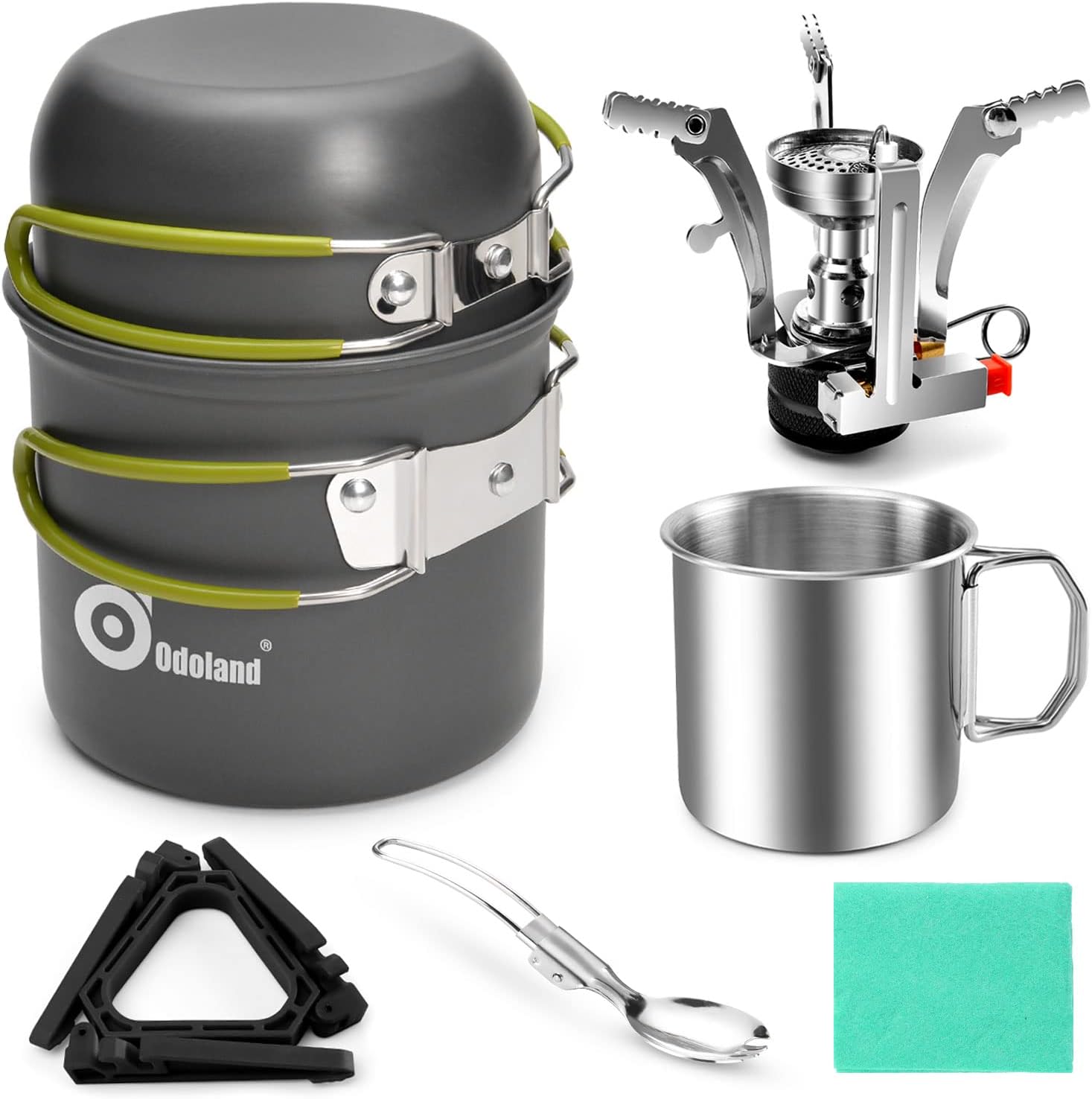 Odoland – Juego de 8 utensilios de cocina para acampar, juego de ollas y sartenes con mini estufa de mochilero, taza de acero inoxidable, soporte