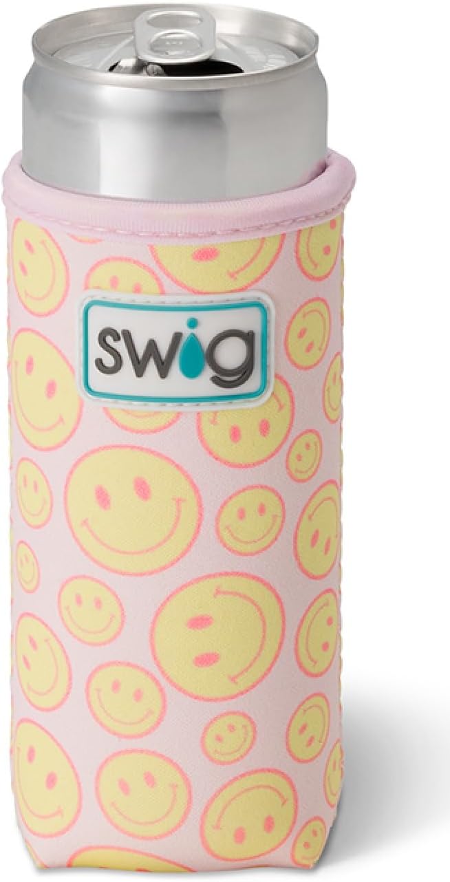 Swig Life Enfriador delgado de latas + botellas, chaqueta aislante de neopreno para latas o botellas de tamaño delgado de 12 onzas seltzer, Oh Happy