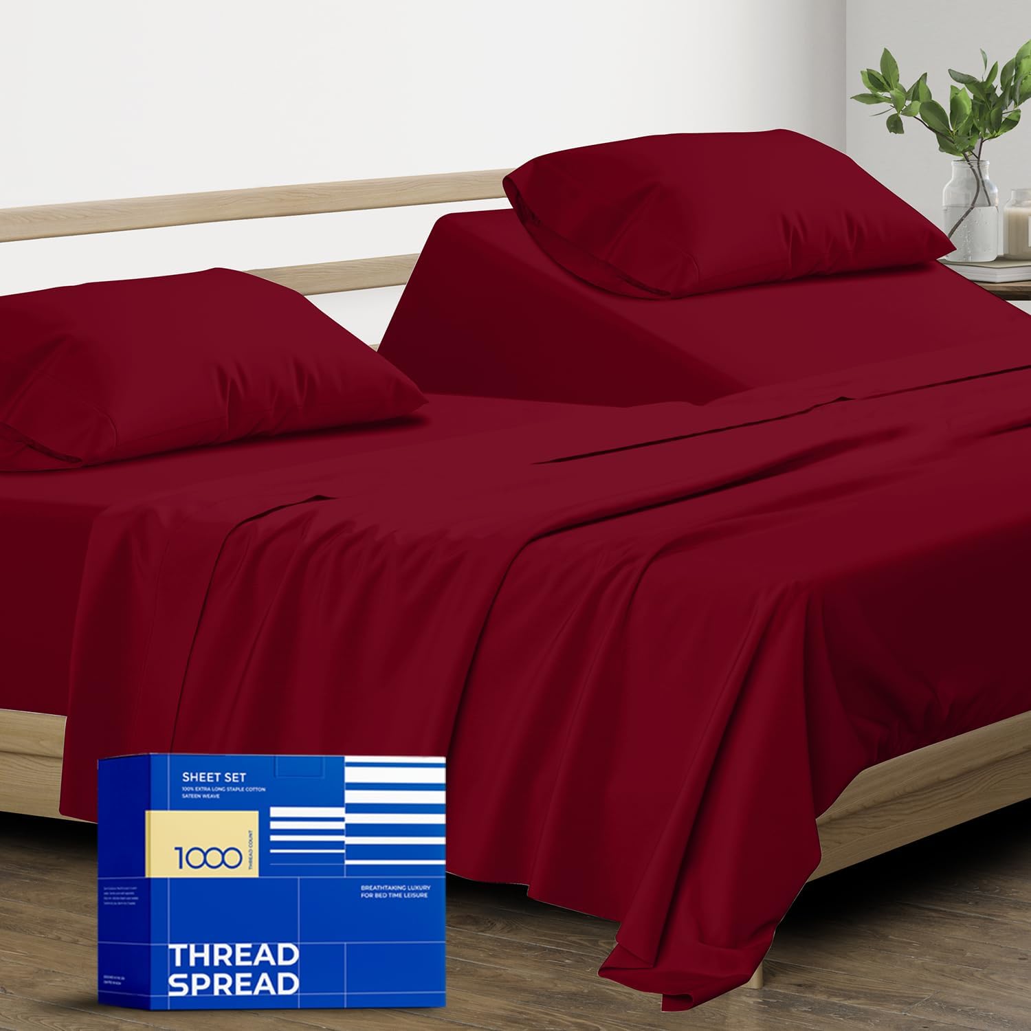 Juego de sábanas de algodón puro dividido tamaño King (King dividido, 1000 hilos), fundas de almohada de ropa de cama borgoña (5 piezas) sábanas de