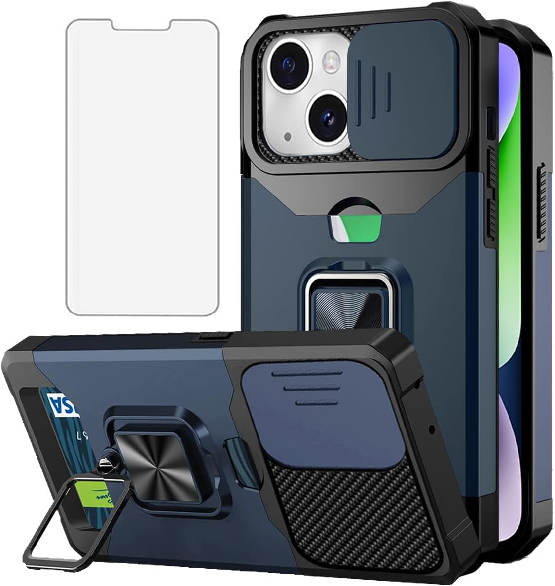 NKECXKJ Funda para iPhone 14 Max con protector de pantalla, soporte para tarjetas, soporte para soporte, resistente, delgada, a prueba de golpes,