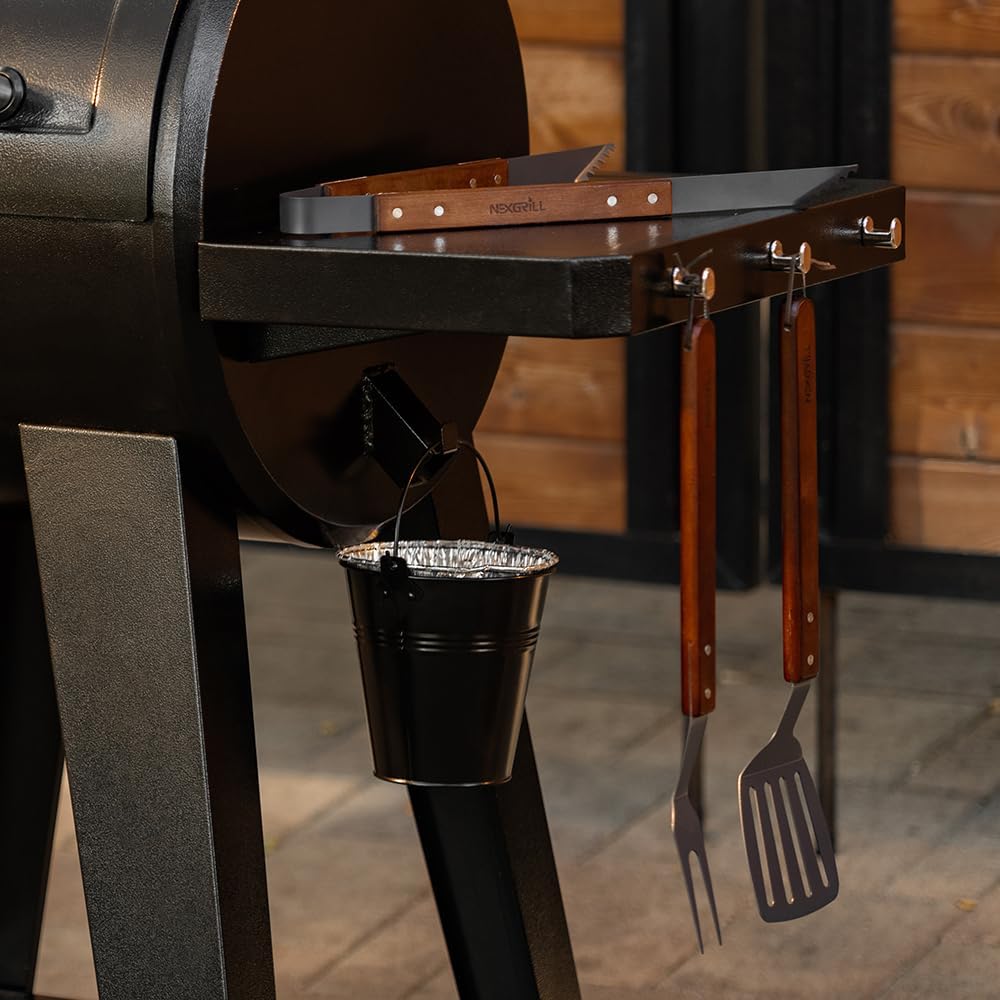 Nexgrill Juego de herramientas de 3 piezas con asas de madera, incluye espátula, palo para asar y pinzas de alta resistencia, acero antiadherente,