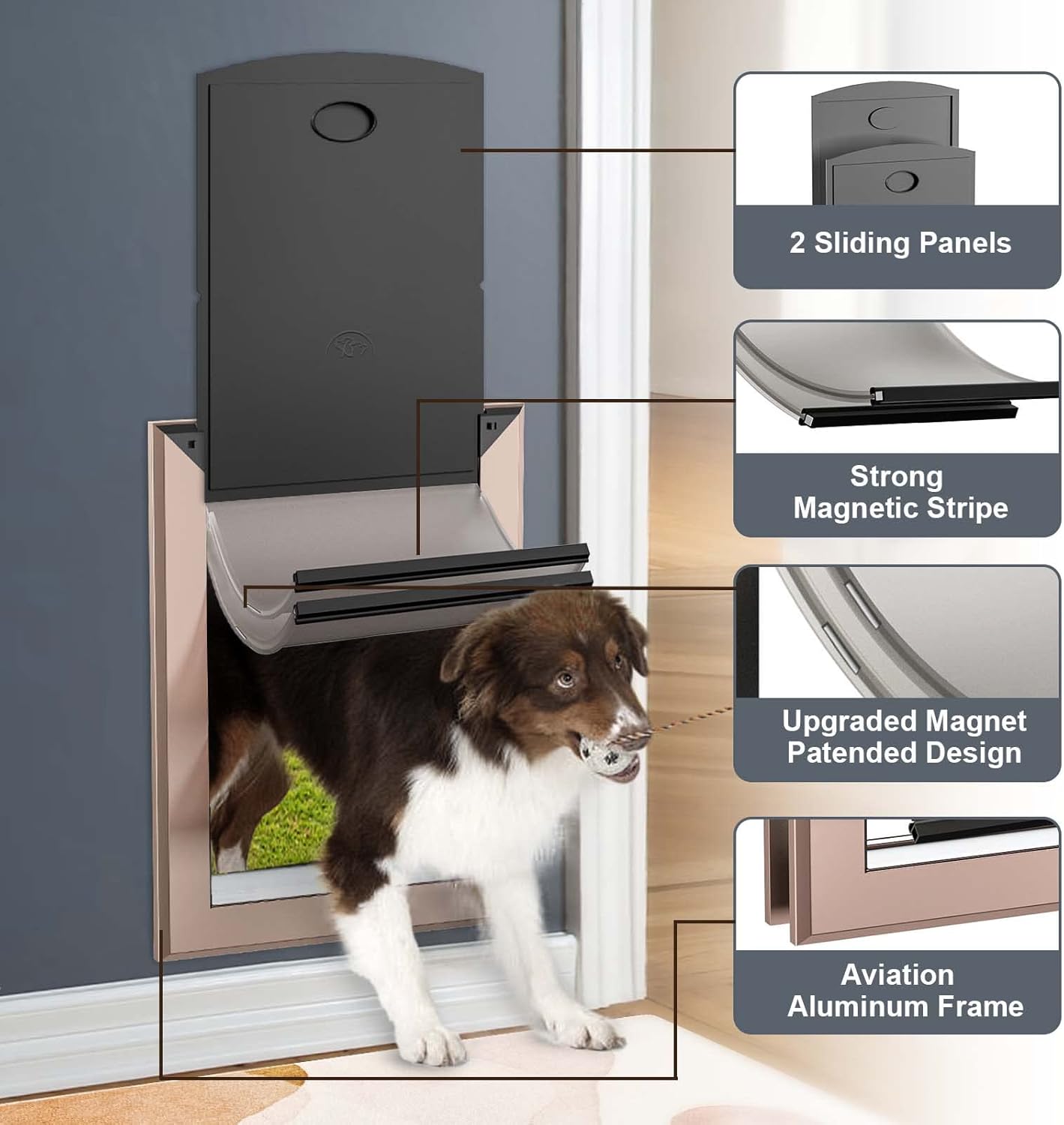 Decormax Puerta para perro para pared, puerta de perro de bajo consumo con marco de aluminio, túnel telescópico, solapas magnéticas dobles y dos