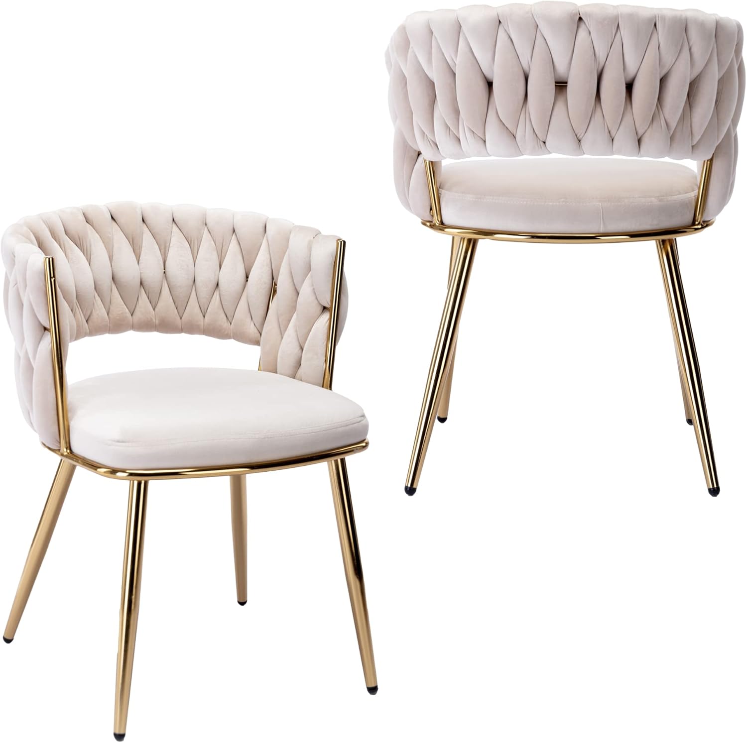 KCC Juego de 2 sillas de comedor modernas de terciopelo, sillas tapizadas para sala de estar con respaldo tejido y patas de metal dorado, silla