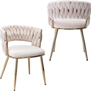 KCC Juego de 2 sillas de comedor modernas de terciopelo, sillas tapizadas para sala de estar con respaldo tejido y patas de metal dorado, silla KCC Juego de 2 sillas de comedor modernas de terciopelo, sillas tapizadas para sala de estar con respaldo tejido y patas de metal dorado, silla