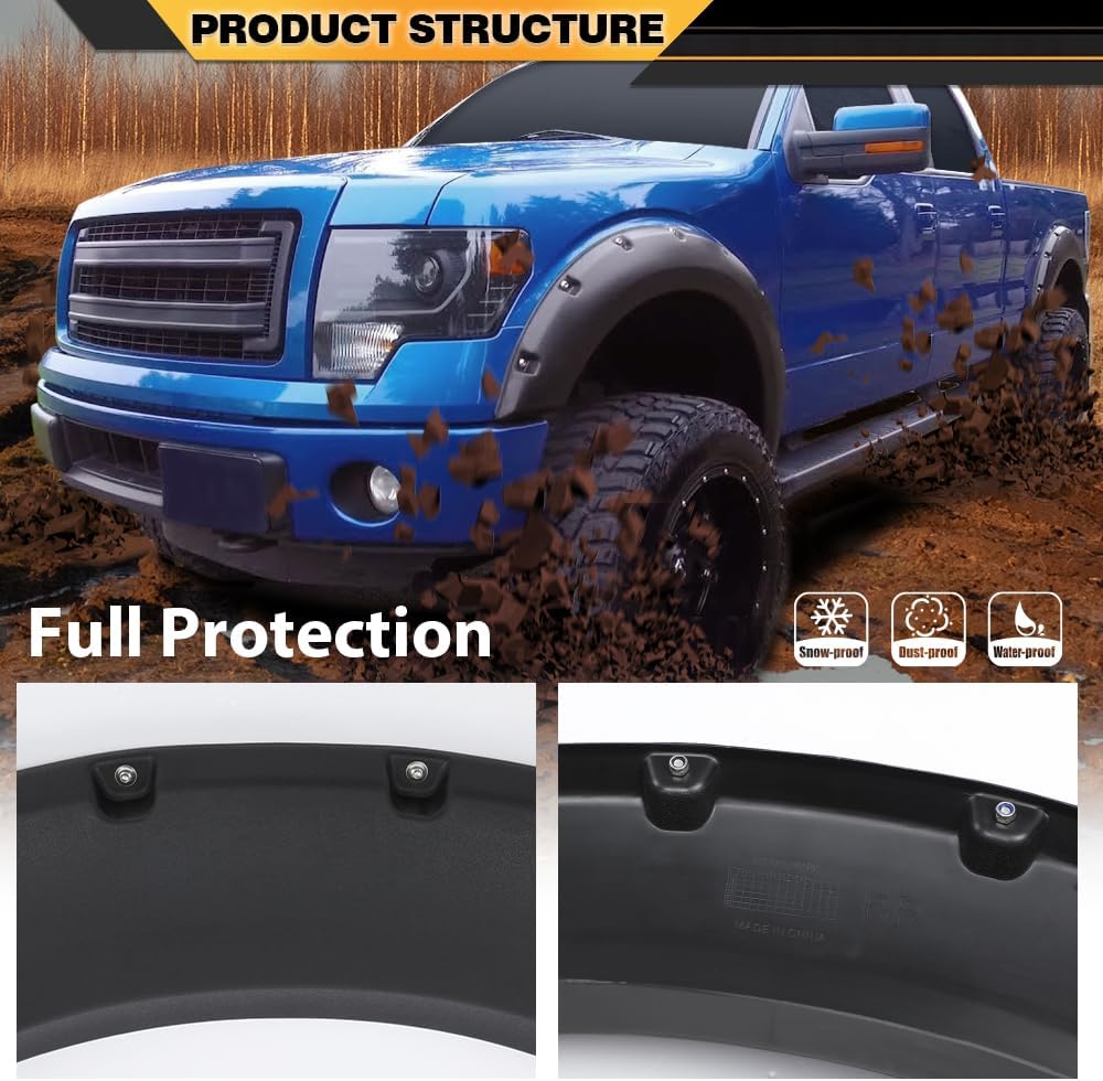 CNNELL Fender Flares – Funda de rueda negra con textura de remache de bolsillo, 4 piezas, compatible con Ford F150 09-14 Styleside solo con modelos