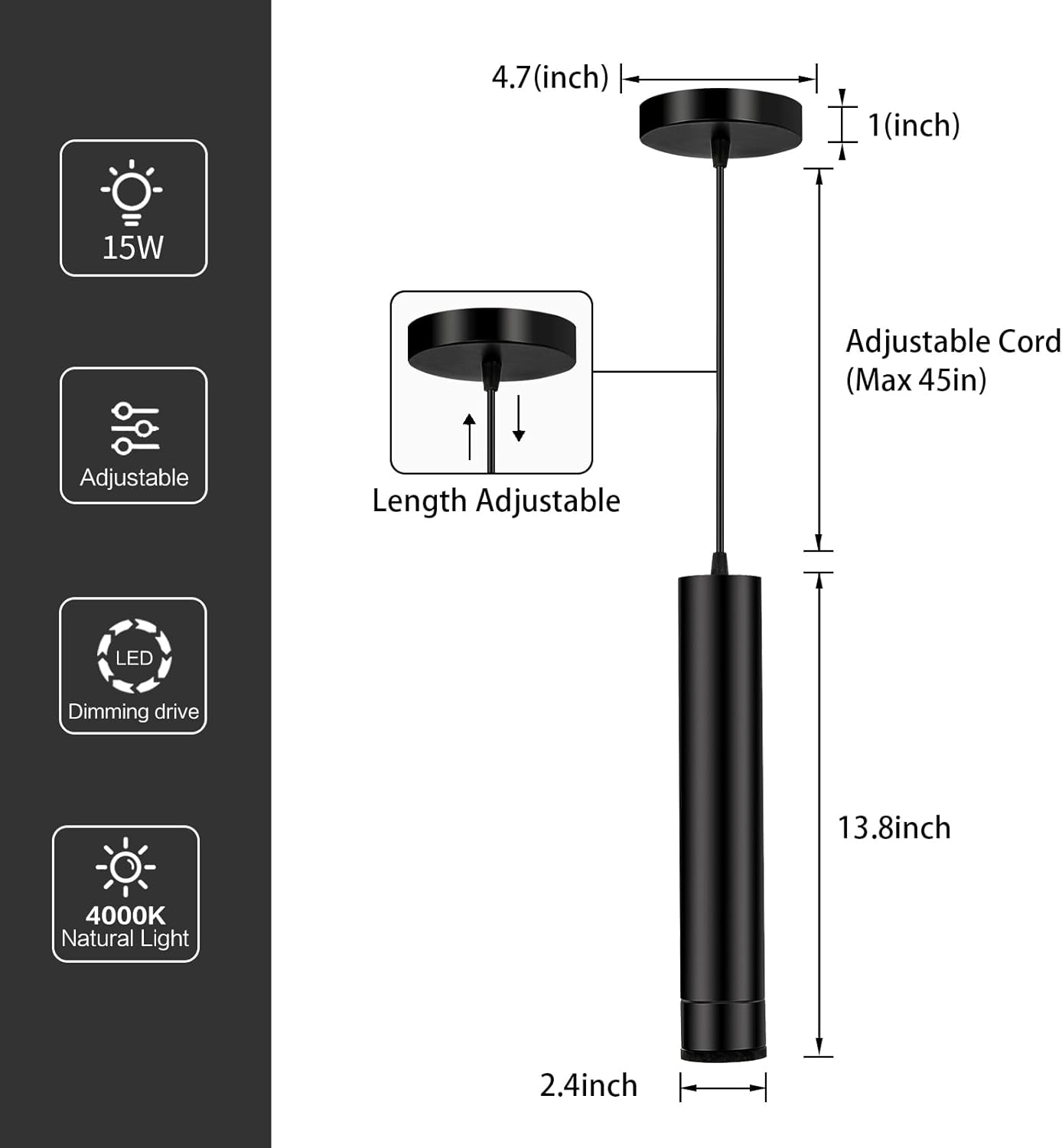 Zoomable – Lámpara colgante LED regulable, luz colgante negra, iluminación de isla de cocina, para colgar en el techo, kit de luz colgante moderno,