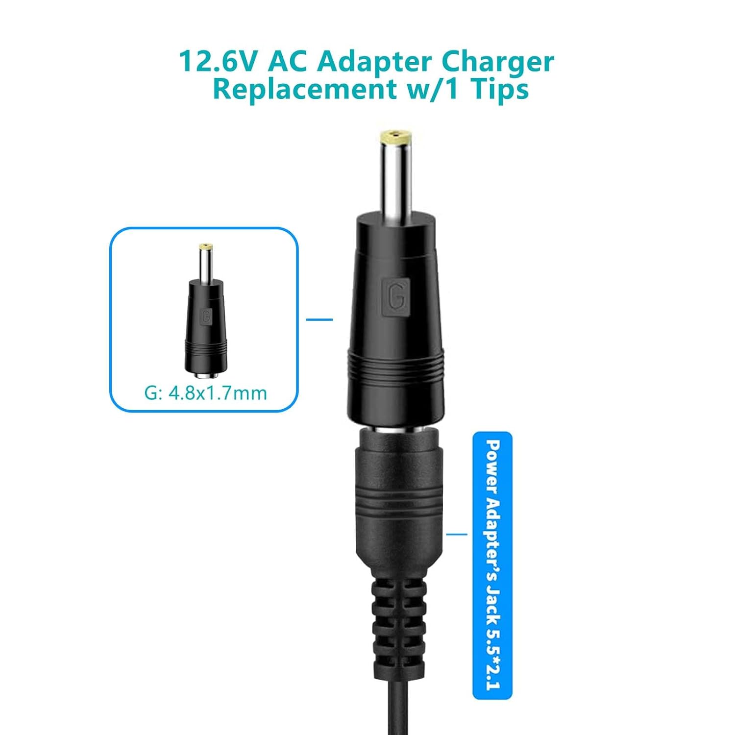 Adaptador de fuente de alimentación de CA de 12.6 V de repuesto para TYIAUS, Cholas KZD02, OLsky, FENTASY, HeaDot, JamGym, ZonGym, cable cargador de