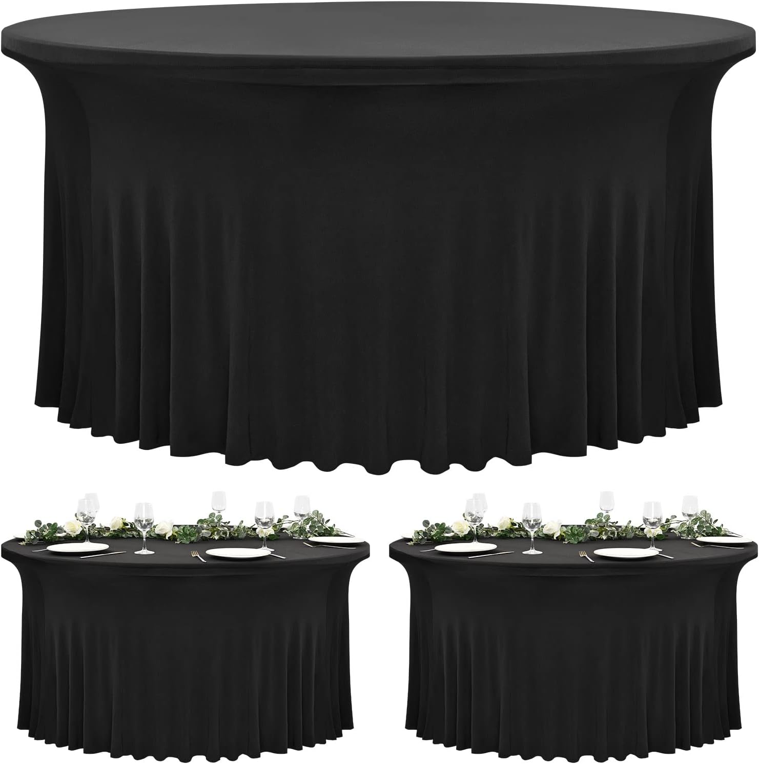 Paquete de 2 manteles redondos de elastano de 5 pies de 60 pulgadas para mesas redondas, mantel resistente a las arrugas con falda, faldas de mesa