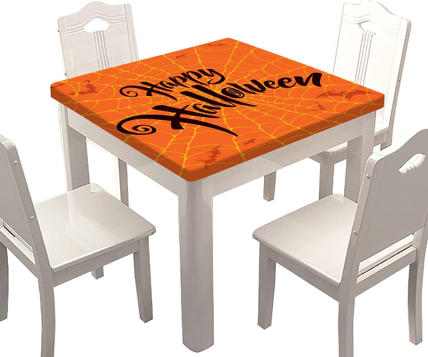 SongYi Mantel cuadrado de poliéster ajustable para Halloween, tela de araña naranja, borde elástico, decoración del hogar, manteles temáticos