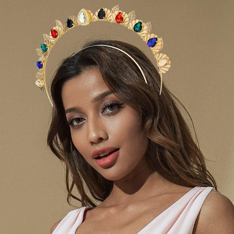 Fstrend Diadema barroca con corona de diamantes de imitación, tiaras de hojas doradas, diadema de novia, boda, reina, cumpleaños, graduación,