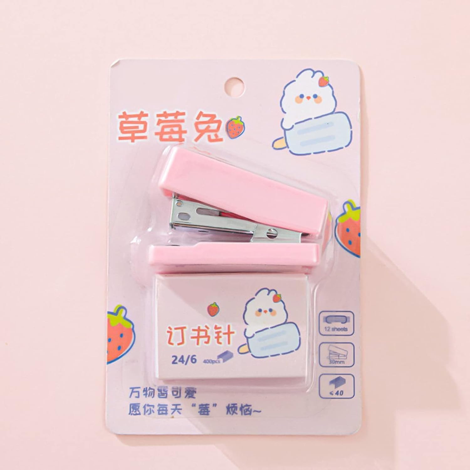 1 juego de mini grapas rosa con grapas No.12, lindo patrón de conejo, removedor de grapas, máquina de encuadernación para clips de papel, grapadoras