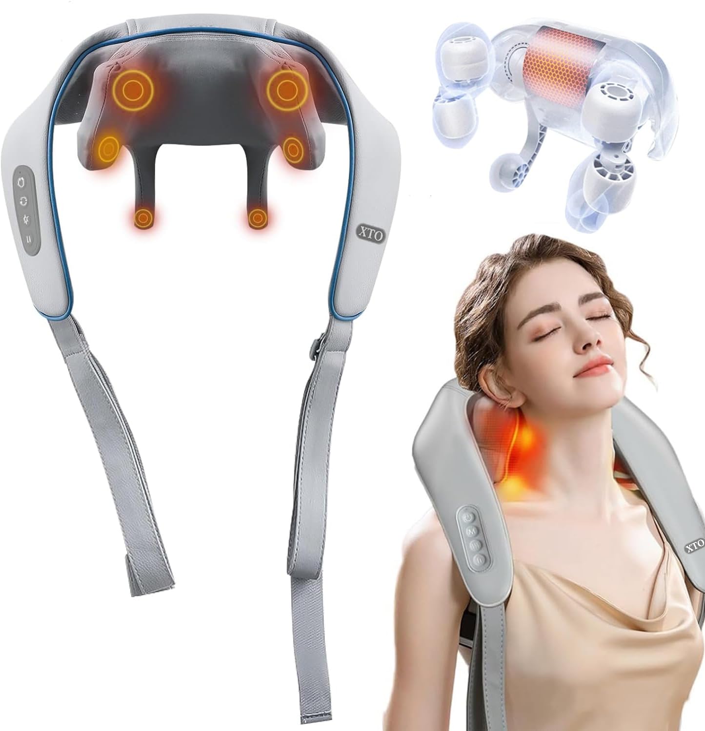 XTO Masajeador eléctrico de cuello con calor – Masajeadores de cuello y hombros para aliviar el dolor tejido profundo 5D simular mano humana agarre