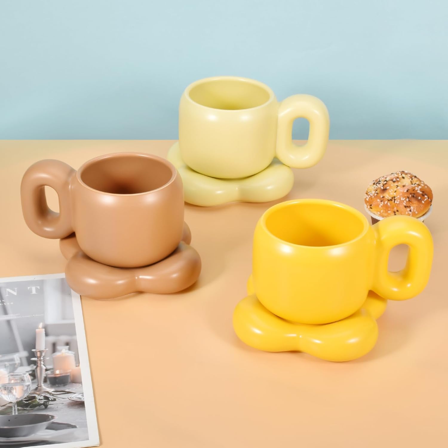Koythin Taza de café de cerámica con platillo, bonita y creativa forma de flor con mango graso, platillo para oficina y hogar, apto para