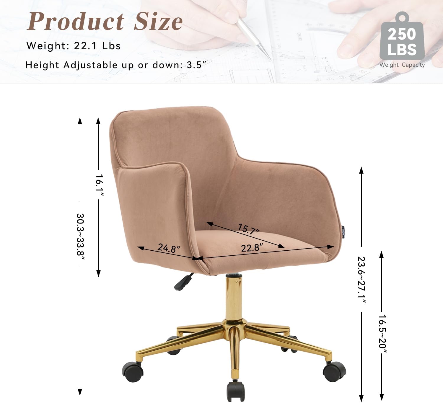 Silla de oficina en casa de terciopelo, bonita silla giratoria de escritorio con ruedas, moderna silla de tocador ajustable con base dorada para