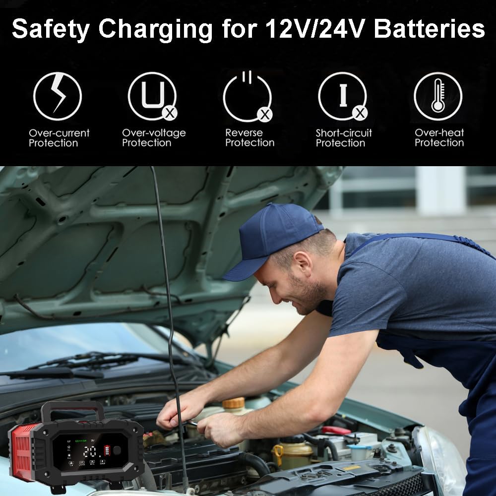 Cargador de batería de coche de 20 amperios, LiFePO4 de 12V20A y 24V10A, plomo ácido (AGMGelSLA), cargador inteligente automático de goteo