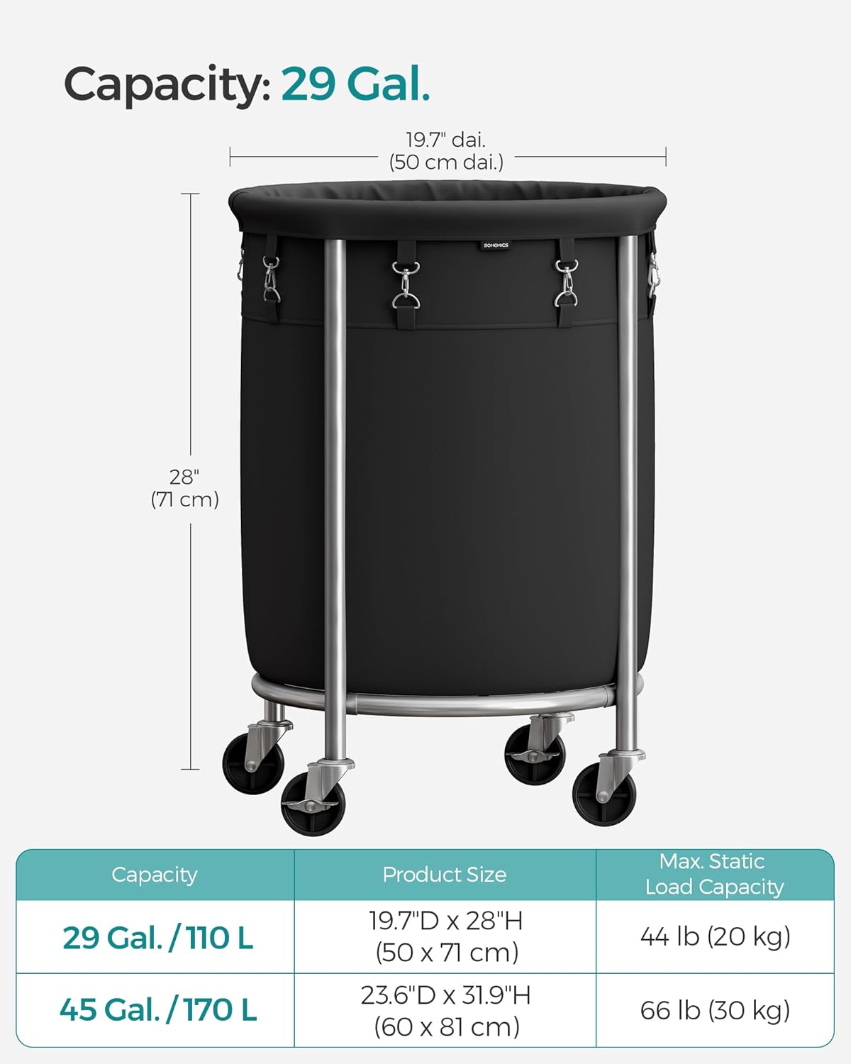 SONGMICS Cesta de lavandería con ruedas, cesta de lavandería rodante, 29 Gal., Carrito de lavandería redondo con marco de acero y bolsa extraíble, 4