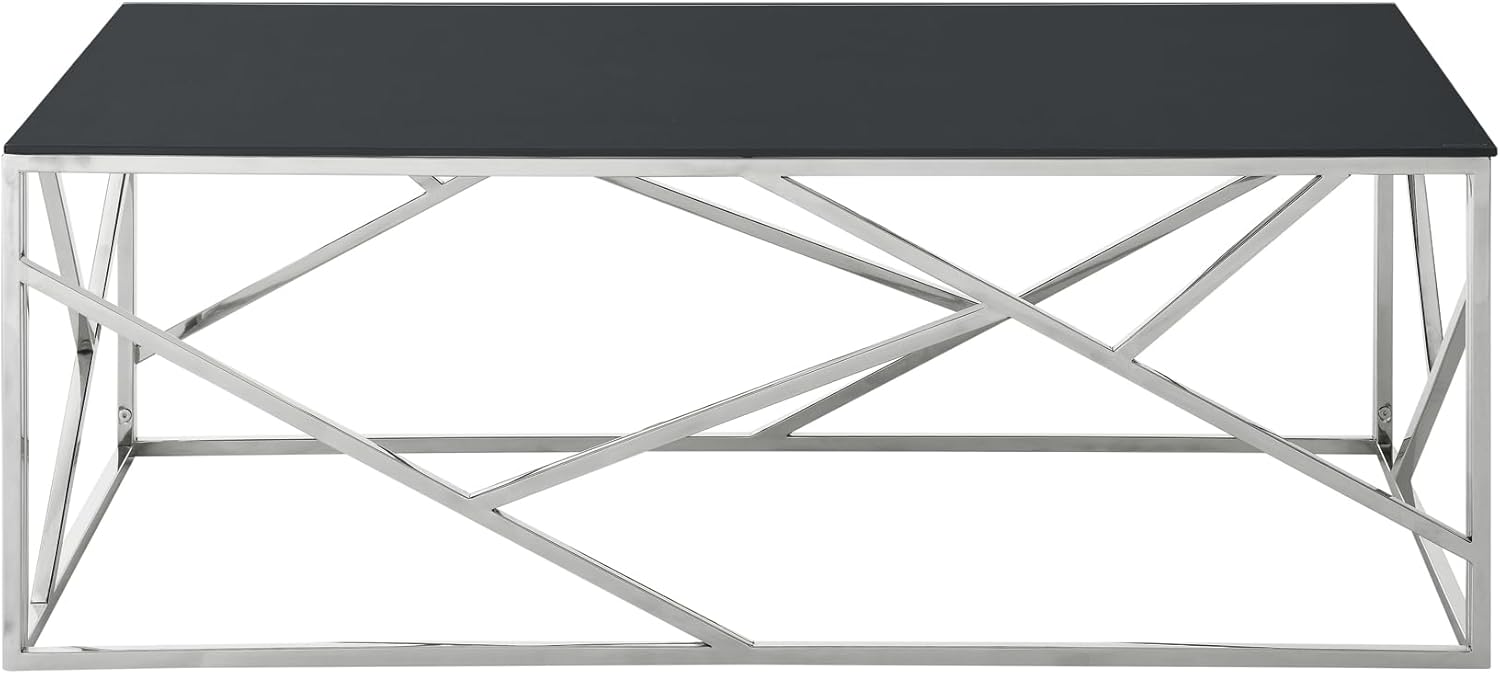 Moderna mesa rectangular de cristal con tapa de vidrio templado negro y marco de acero inoxidable para sala de estar y dormitorio, cromo pulido