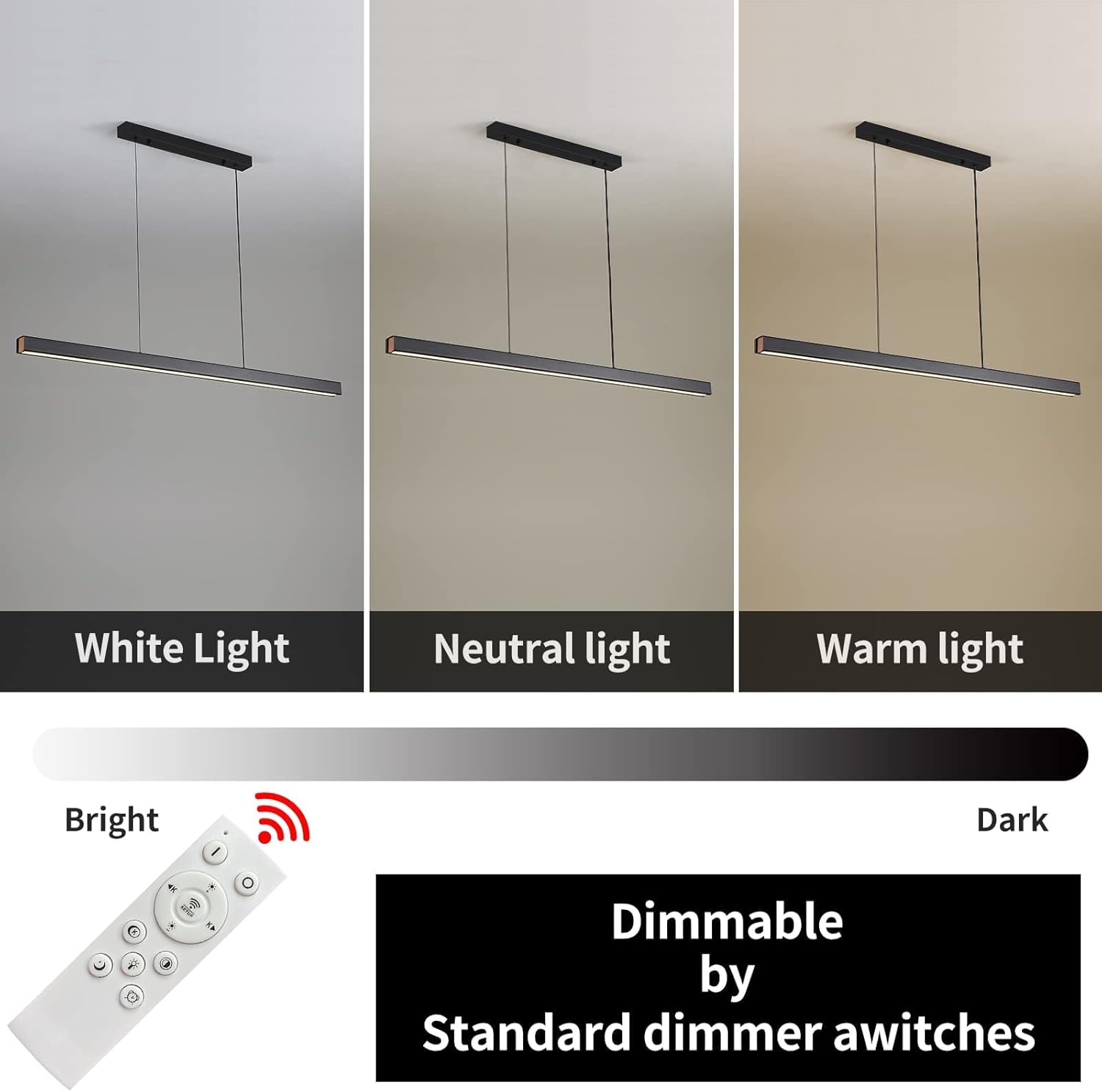 Colgante lineal regulable de 3000 a 6000 K, lámparas colgantes modernas con control remoto, cable ajustable adecuado para oficina, comedor, isla de