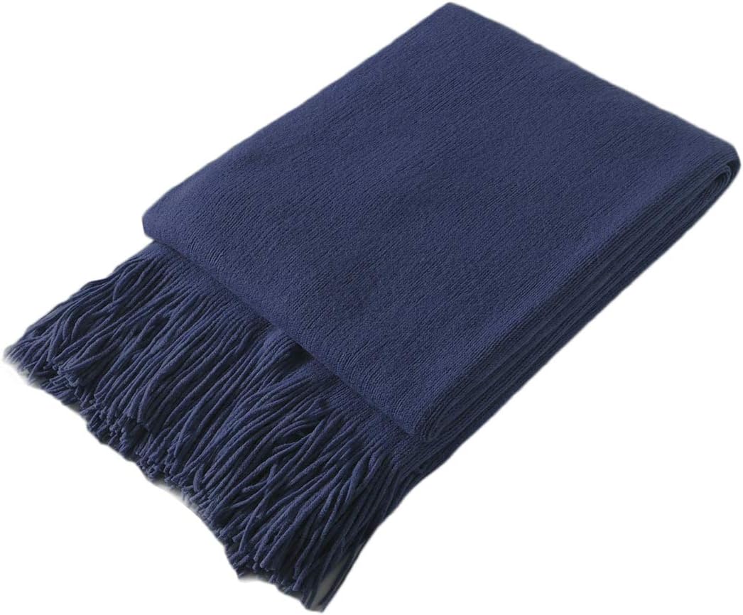 Homiest – Manta decorativa de punto con flecos, suave y acogedora manta con borlas para sofá, sillón, cama (azul marino, 50 x 60 pulgadas)