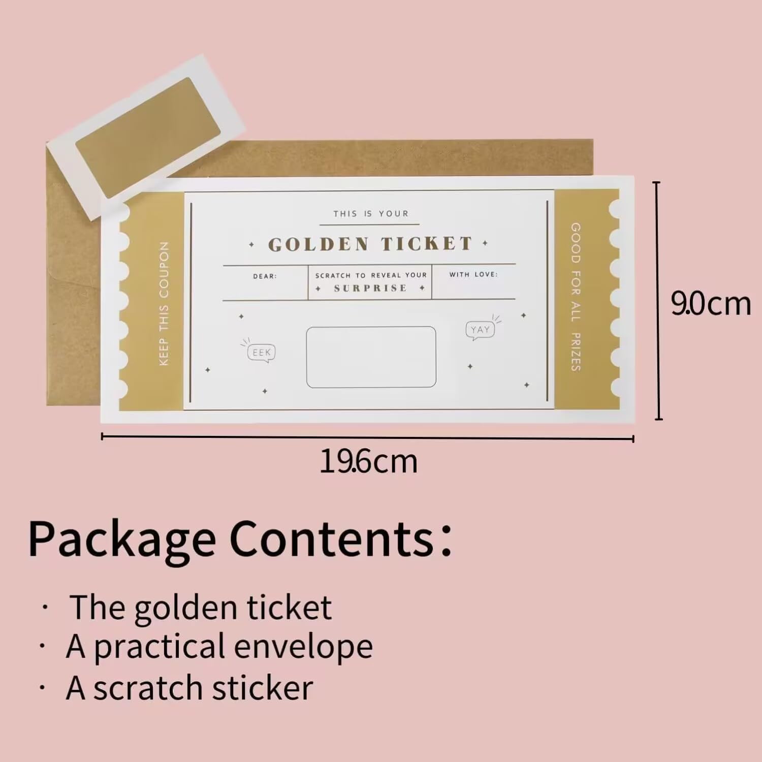 CJ&M The Golden Ticket  Boleto sorpresa para rascar y revelar, boleto dorado, tarjeta rasca, vacaciones sorpresa, revelación de regalos, regalo