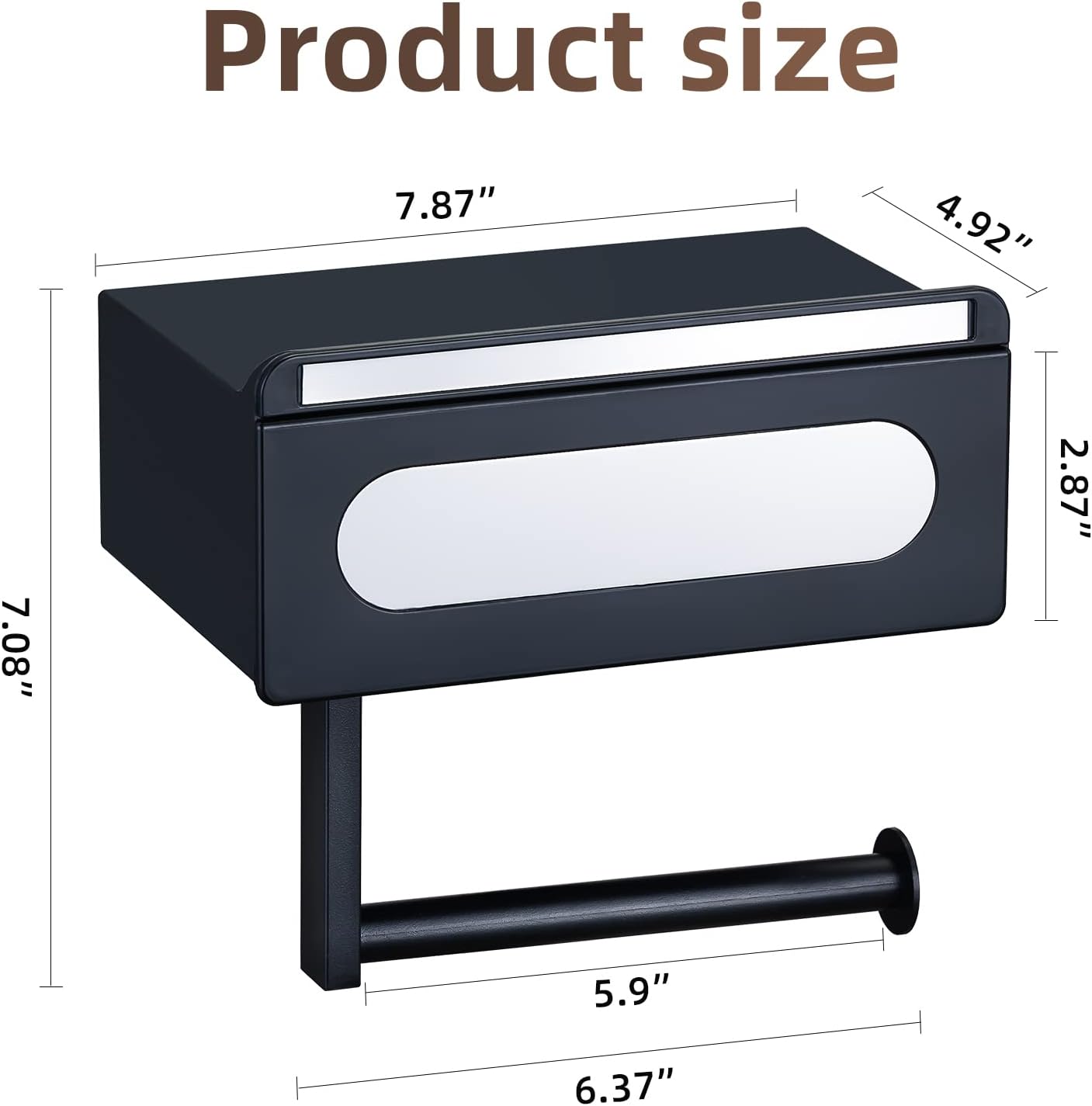 Soporte de papel higiénico autoadhesivo negro mate, material ABS de alta calidad, soporte de papel higiénico de montaje en pared con estante y caja