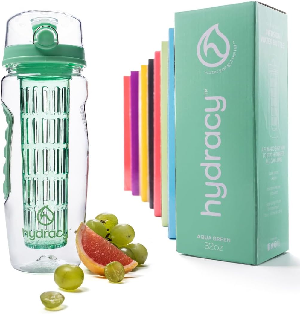 Hydracy – Botella de agua deportiva con infusor de frutas, 32 onzas, barra de infusión de longitud completa y marca de tiempo + regalo de libro