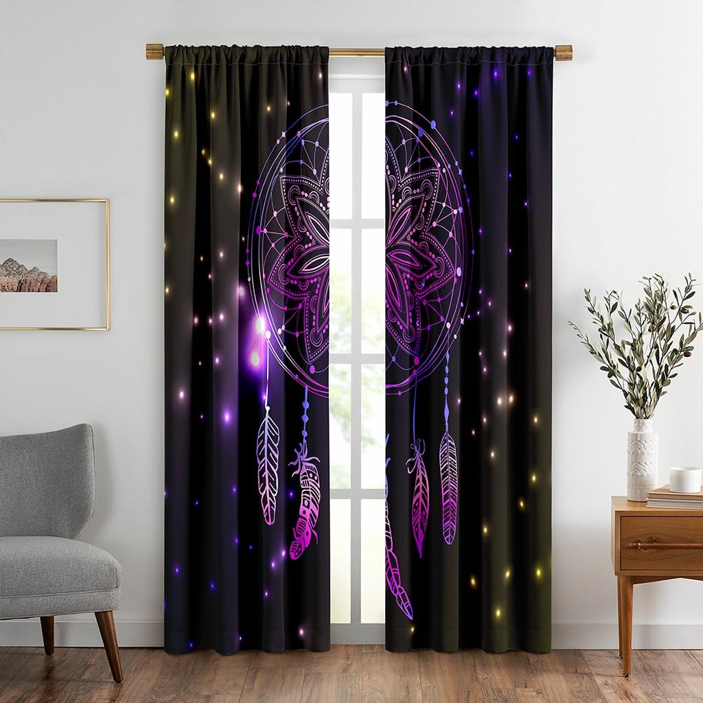 2 paneles de cortina de oscurecimiento de habitación, atrapasueños negro violeta con adorno y estrellas de cielo nocturno, cortinas opacas con