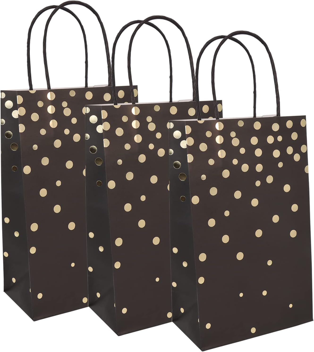 ECOHOLA Bolsas de regalo de papel de aluminio negro y dorado con asas negras, 25 piezas de lunares metálicos dorados para regalos, minoristas,