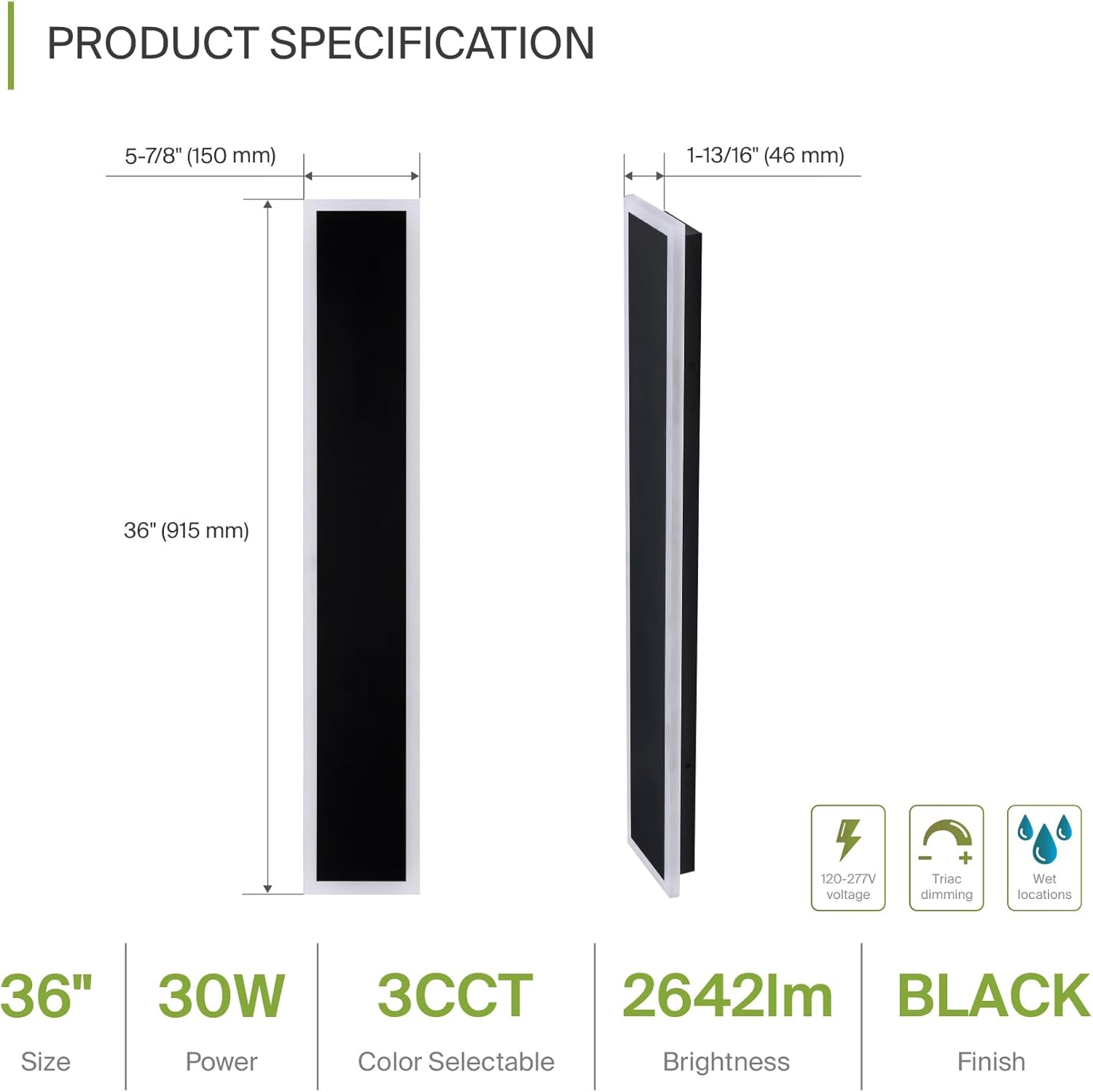 ASD Lámpara de pared LED de 36 pulgadas de largo, interruptor de 30 W, 100-277 V, 2500 lúmenes, 3000 K4000 K5000 K, regulable, impermeable, base de