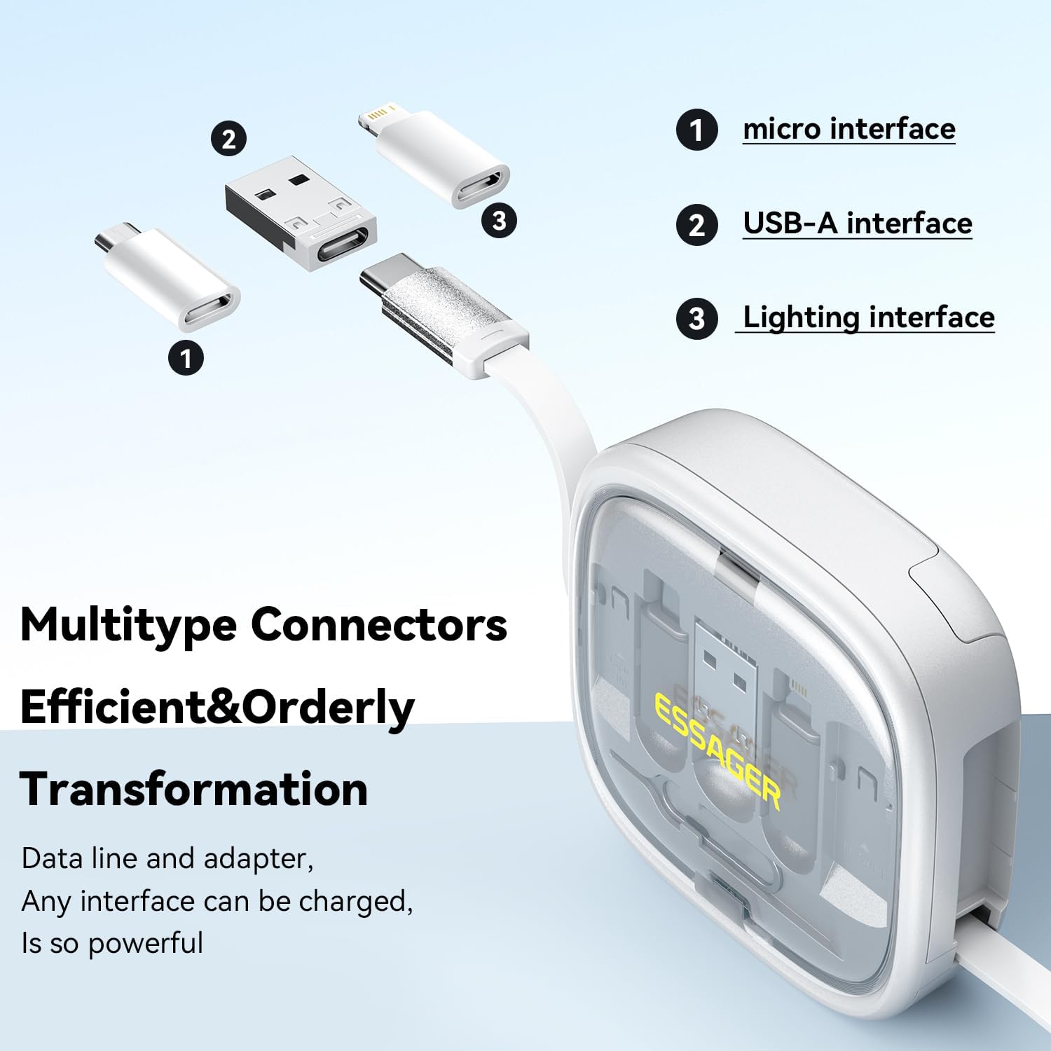 ESSAGER Kit de cables de carga retráctiles con adaptador USB C a iluminación, USB-A y tipo C a tipo CMicroiluminación, transferencia de datos, caja