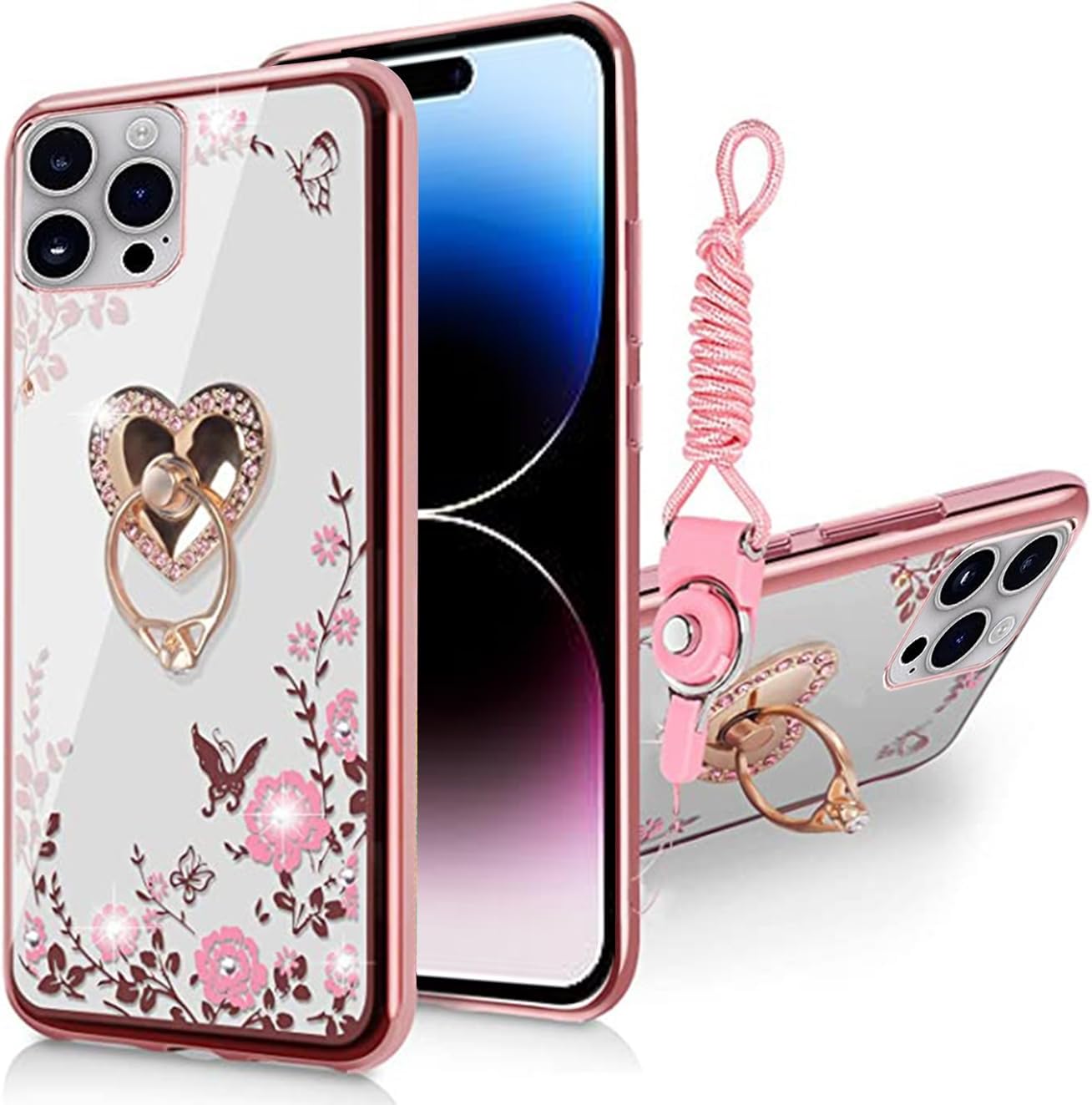 B-wishy Funda protectora para iPhone 15 Pro para mujer, con purpurina, cristal, mariposa, corazón, floral, delgada, TPU de lujo, bonita funda