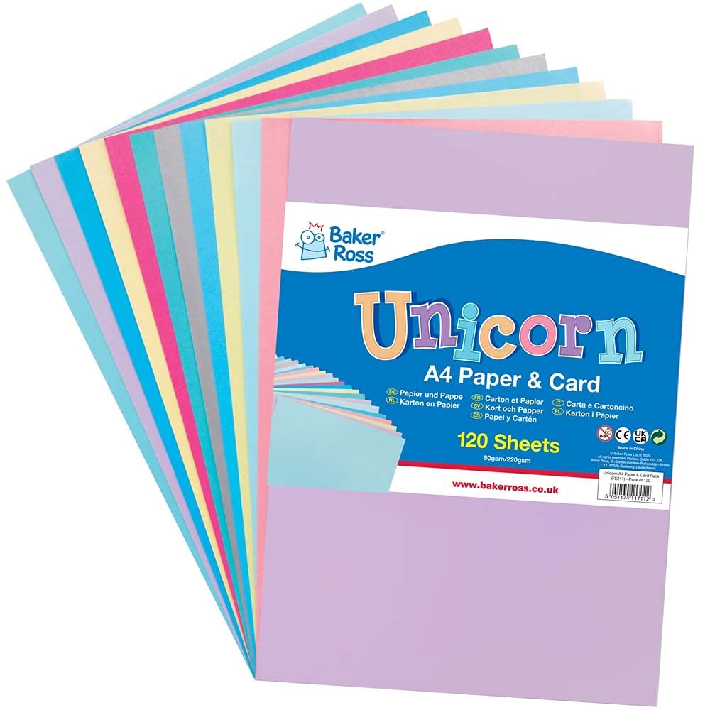 Baker Ross Unicorn – Paquete de papel y tarjetas A4, paquete de 120, suministros de arte de colores para actividades de manualidades para niños
