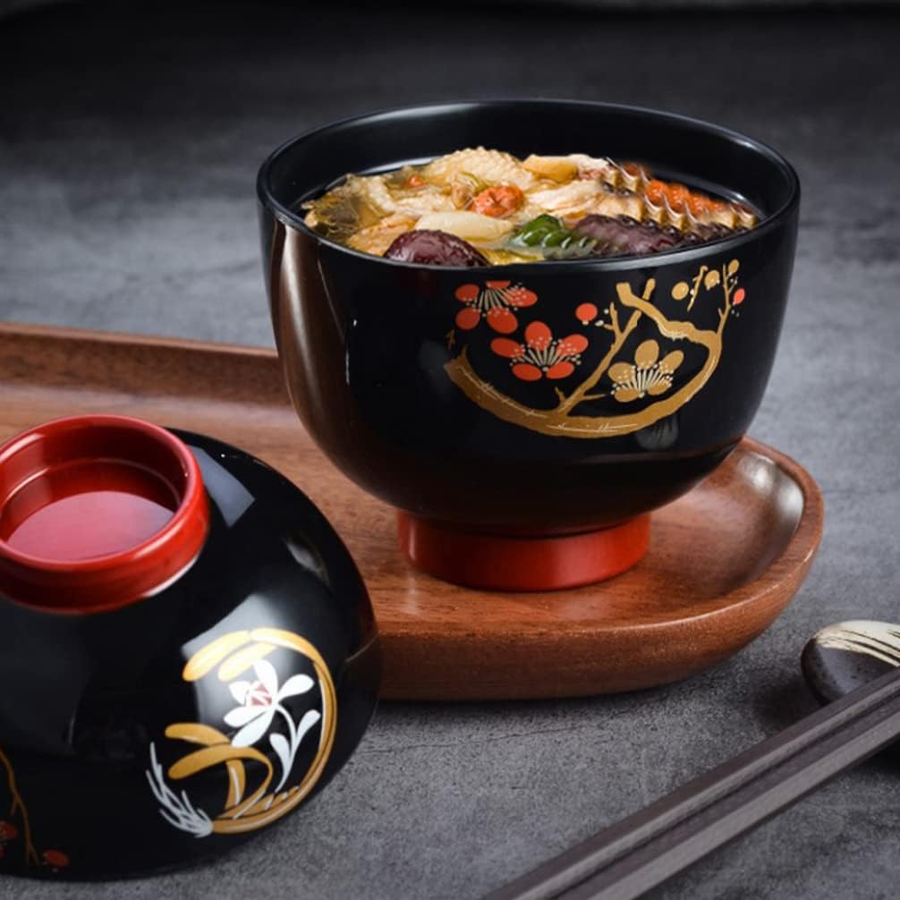 Hemoton Cuenco de sopa de cebolla francesa Cuenco de sopa de miso con tapa, cuenco de fideos de melamina japonesa, cuenco de arroz, cuenco de postre