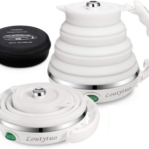 Tetera eléctrica plegable de silicona de grado alimenticio con doble voltaje y cable de alimentación separable 110-220V, para 20.28 onzas líquidas, Tetera eléctrica plegable de silicona de grado alimenticio con doble voltaje y cable de alimentación separable 110-220V, para 20.28 onzas líquidas,