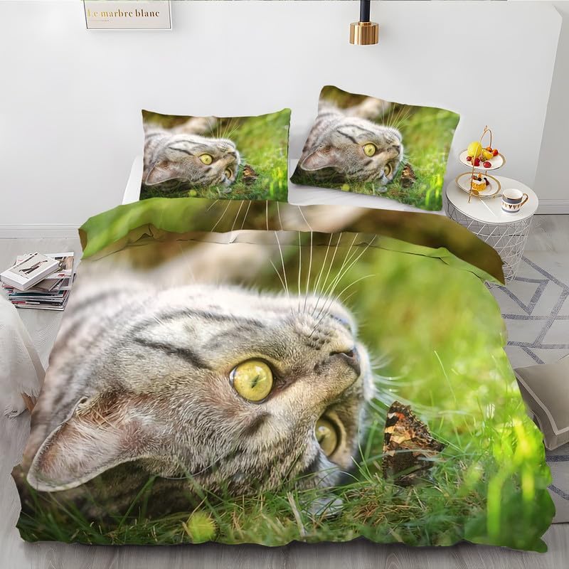 Green Kitten – Funda de edredón California King con estampado de animales, funda de edredón de microfibra suave y 2 fundas de almohada de 20 x 36