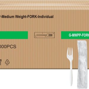 Tenedor blanco desechable de peso medio de polipropileno envuelto individualmente (caja de 1000) Tenedor blanco desechable de peso medio de polipropileno envuelto individualmente (caja de 1000)