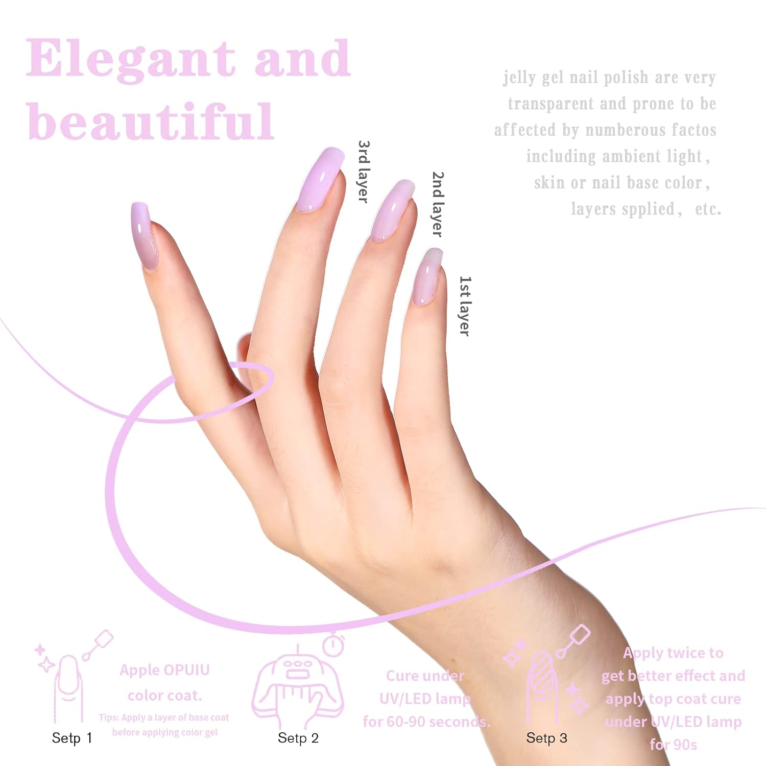 OPUIU Juego de 24 esmaltes de uñas de gel de gelatina pastel nude rosa translúcido con base superior mate, capa superior mate, regalo para mujeres y