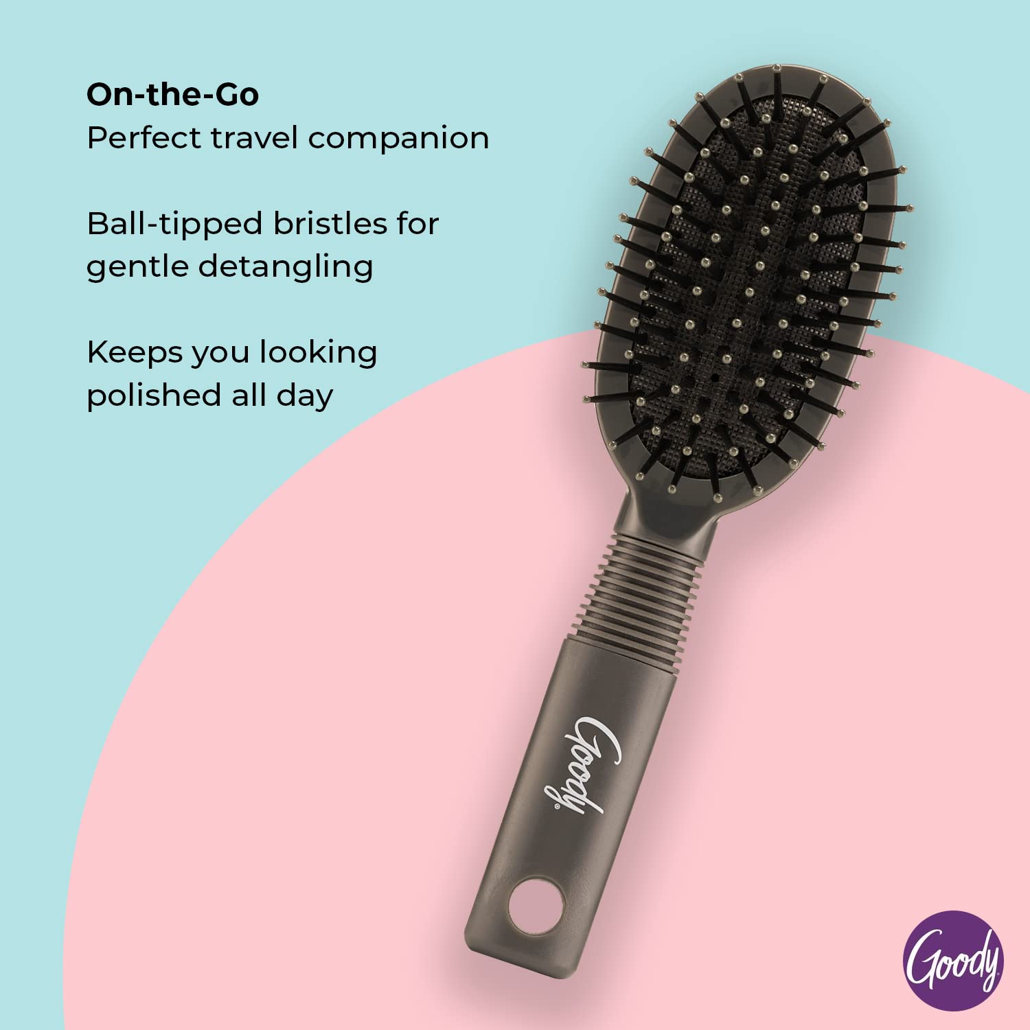 Goody Mini cepillo de pelo con cojín, cepillo ovalado de viaje para todo tipo de cabello, enreda nudos con facilidad sin desgarros ni roturas,