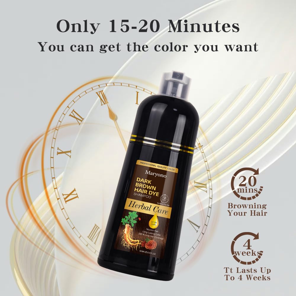 Maryono Champú de tinte para el cabello castaño oscuro 3 en 1, champú de tinte para cabello para cobertura de cabello gris, champú de color de