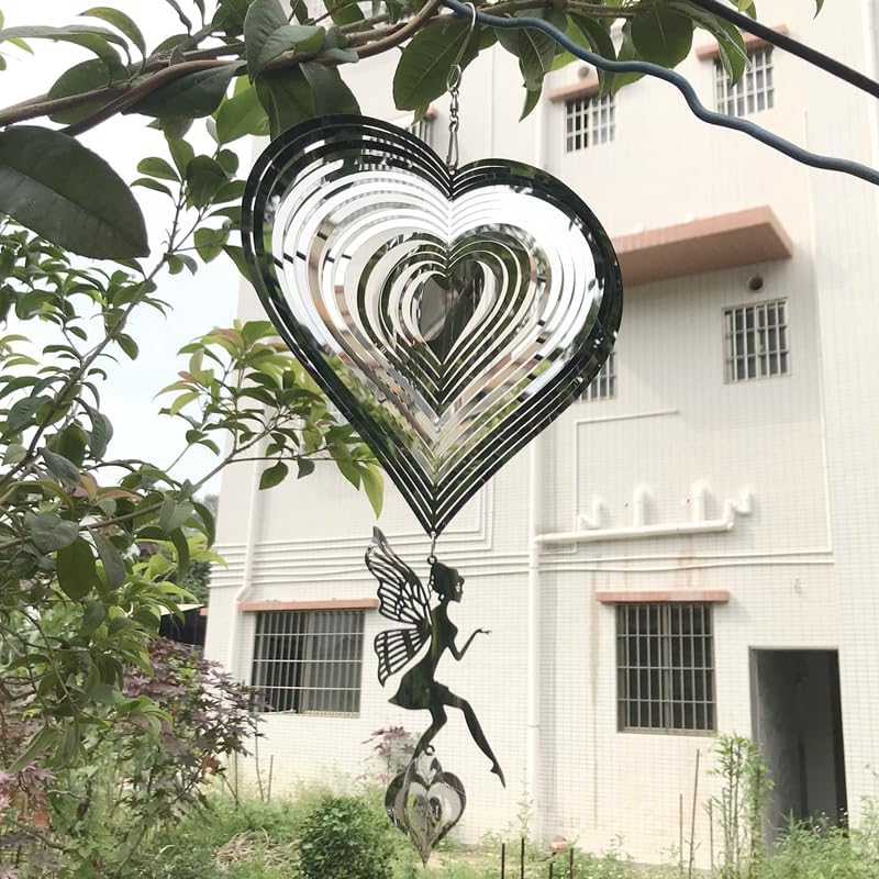 HZSprance Molinillo de viento de acero inoxidable, diseño de corazón de amor en 3D, impresionante efecto 3D, decoración de ángel colgante para