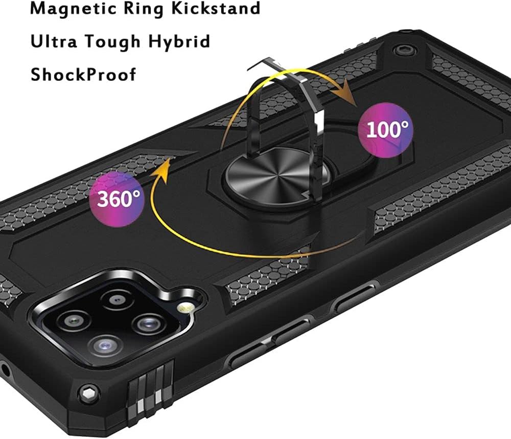 TJS Funda compatible con Samsung Galaxy A12, con protector de pantalla de vidrio templado, anillo de metal Defender con soporte magnético para